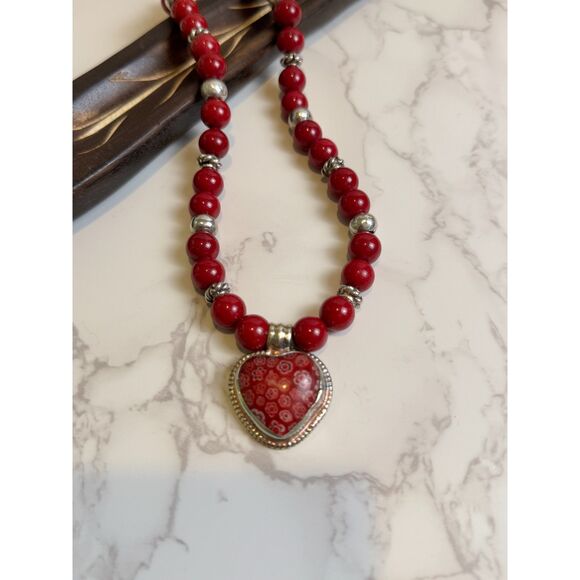 Sterling Silver Millefiori Heart & Red Carnelian Agate Necklace - Picture 3 of 8